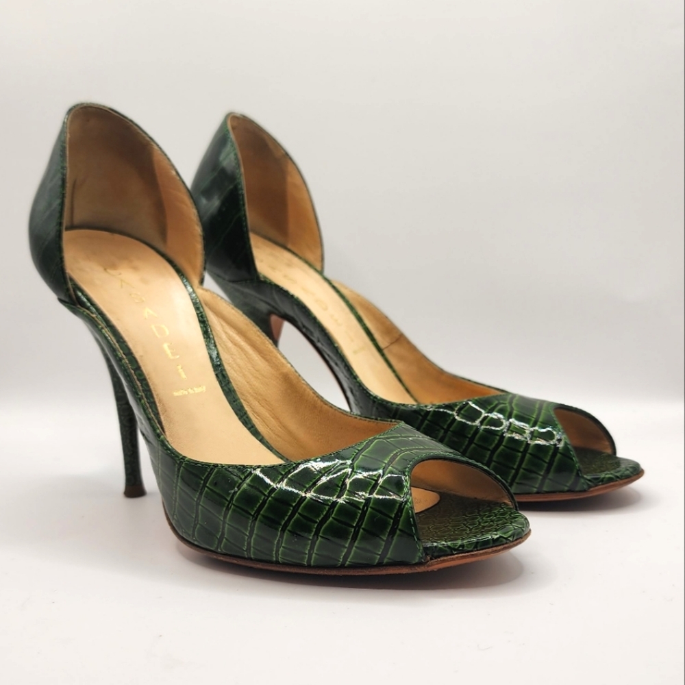 Casadei Green Embossed Patent Leather Peep Toe High Heel D'orsay stilettos 6M